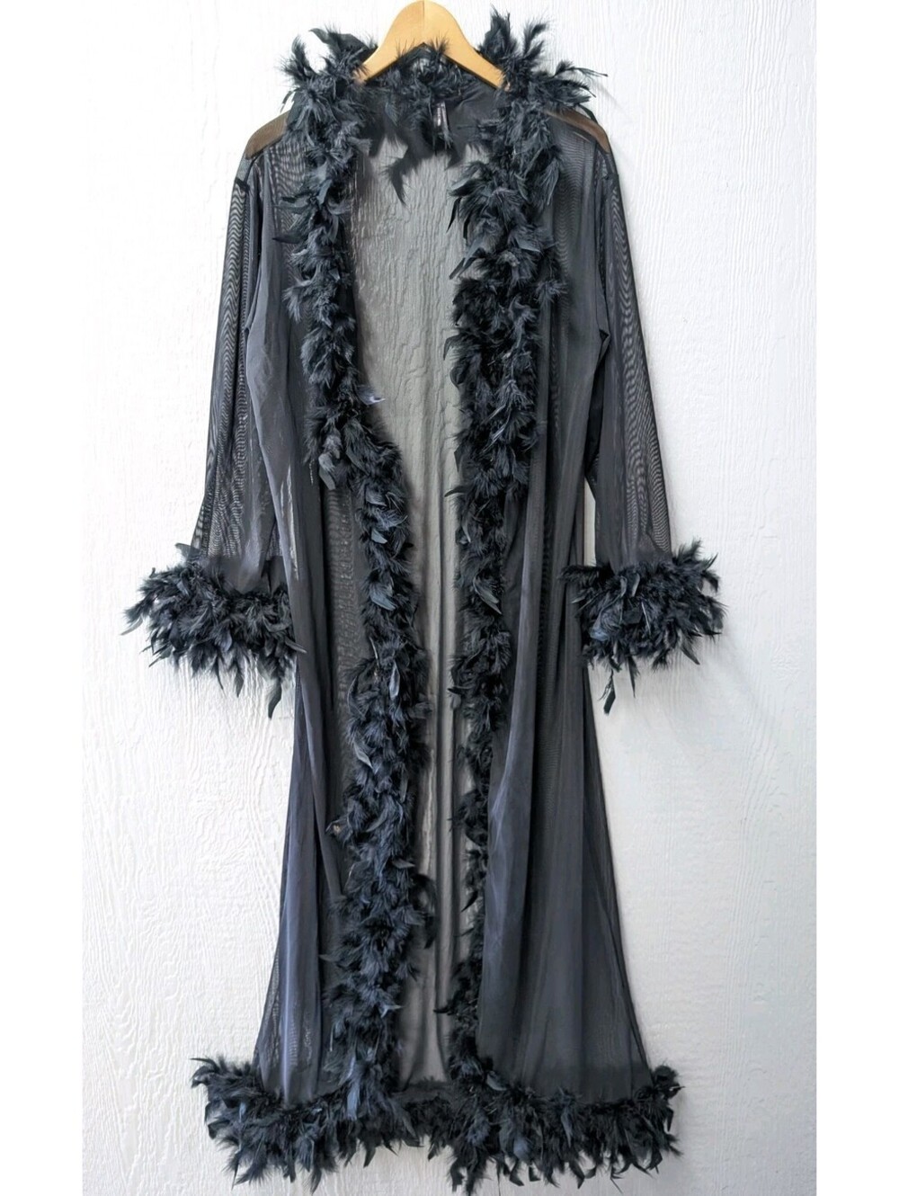 Fashion Nova Feather Trim Black Robe Burlesque Sheer Hollywood Pin Up Costume OS